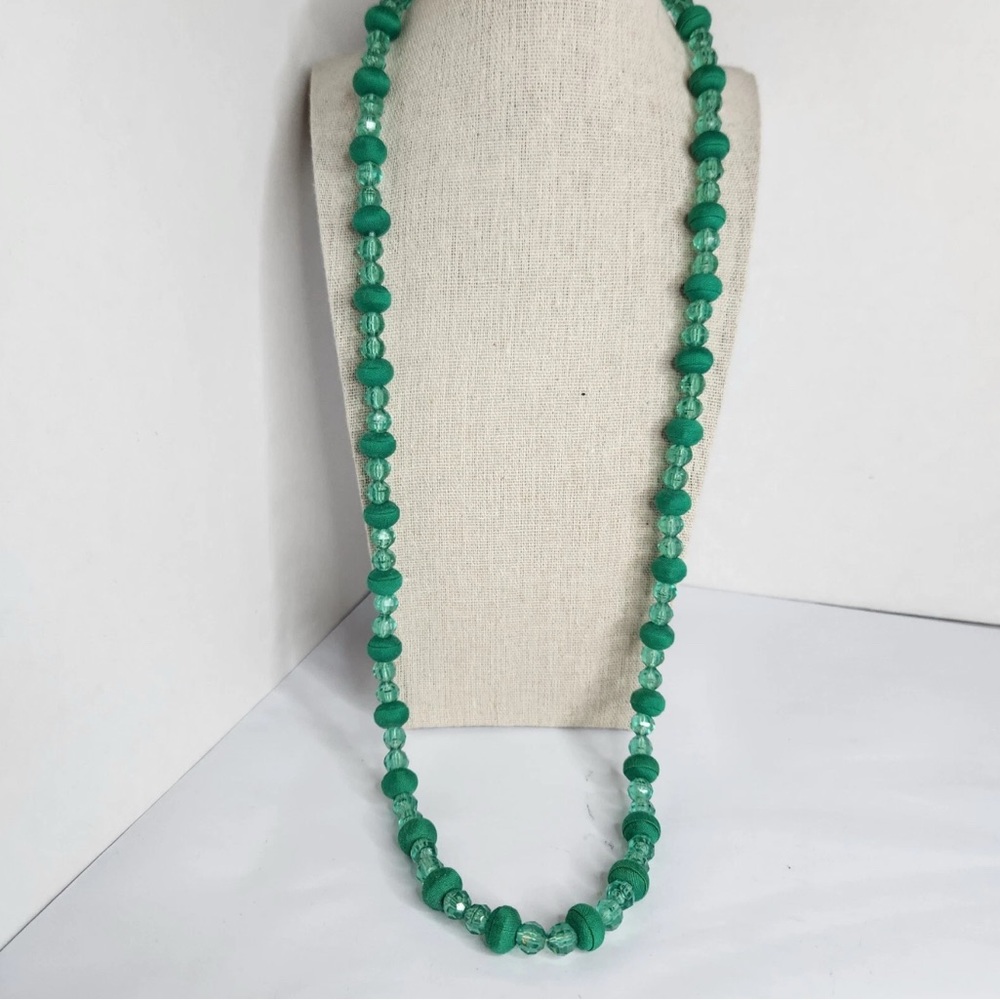 Vintage Green Acrylic & Fabric Bead Necklace Mod Retro Statement Jewelry 32”